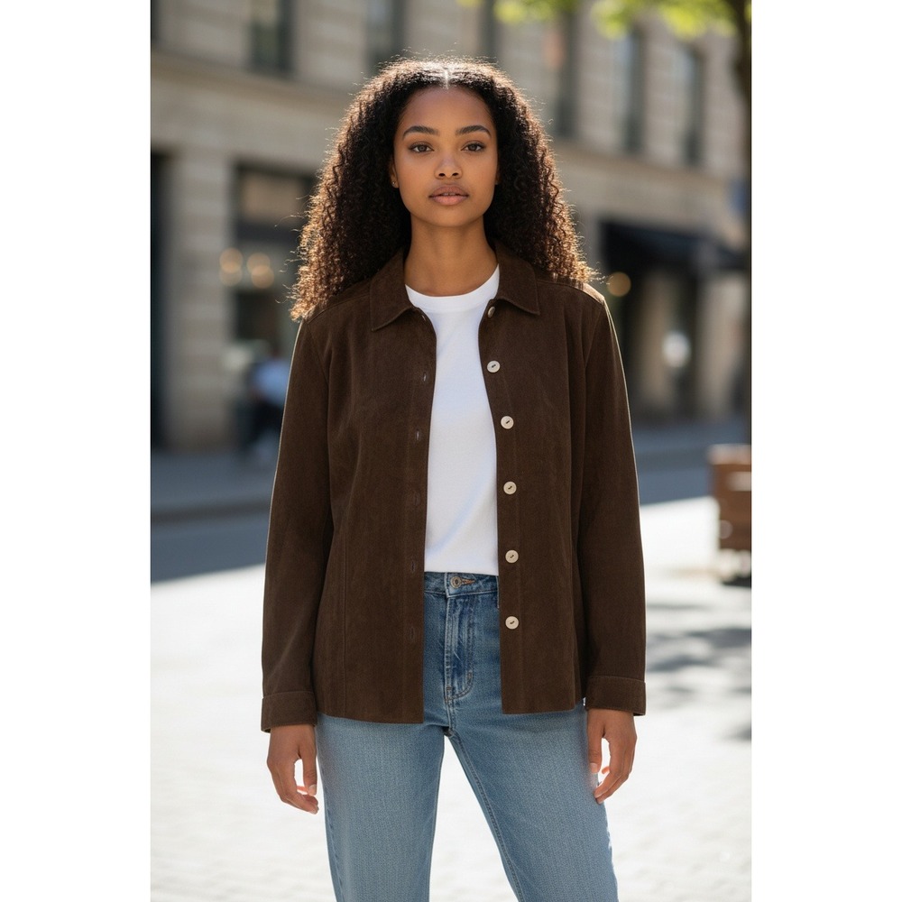 Chicos Design Suede Button Down Jacket Brown Leather Women Size 1